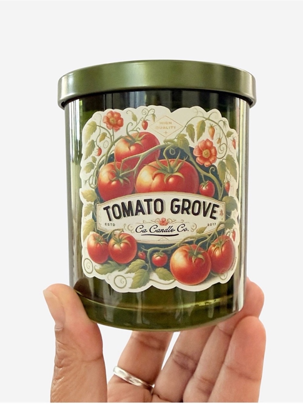 Leoben Company Tomato Grove Scented Candle - Green Jar with Tomato Label